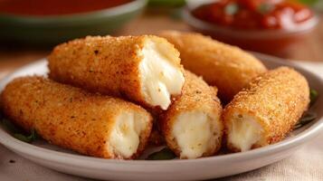 A plate of mozzarella sticks being pulled apart, revealing stretchy, melted cheese inside the crispy breading, with marinara sauce in the background photo