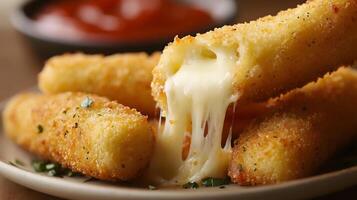 A plate of mozzarella sticks being pulled apart, revealing stretchy, melted cheese inside the crispy breading, with marinara sauce in the background photo