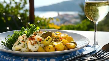A plate of bacalhau a bras salted cod with eggs and potatoes garnished with parsley and olives, served with a fresh green salad and a glass of white wine on a sunlit terrace photo