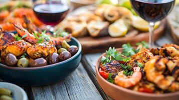 A colorful spread of Portuguese tapas, including piri-piri chicken wings, grilled chorizo, olives, and garlic prawns, served on a wooden table with a glass of red wine photo