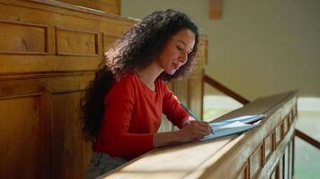 Pensive thinking woman girl student listen teacher class lecture noting information female study at table writing studying learning write learn course copybook in college academy university auditorium video