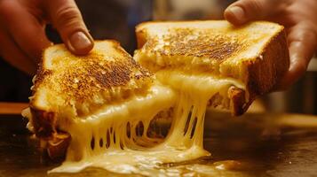 A grilled cheese sandwich being pulled apart, showing gooey, stretchy cheese connecting both halves, golden and crispy bread on the outside photo