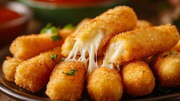 A plate of mozzarella sticks being pulled apart, revealing stretchy, melted cheese inside the crispy breading, with marinara sauce in the background photo
