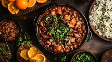 Overhead shot of a festive table featuring Portuguese feijoada with beans, pork, and sausages, served with rice, slices of orange, and sprinkled with fresh coriander photo