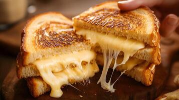 A grilled cheese sandwich being pulled apart, showing gooey, stretchy cheese connecting both halves, golden and crispy bread on the outside photo