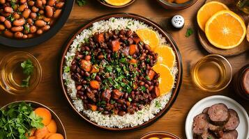 Overhead shot of a festive table featuring Portuguese feijoada with beans, pork, and sausages, served with rice, slices of orange, and sprinkled with fresh coriander photo