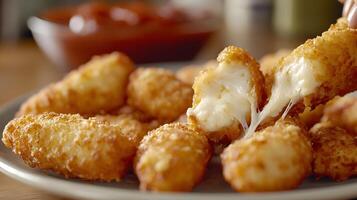 A plate of mozzarella sticks being pulled apart, revealing stretchy, melted cheese inside the crispy breading, with marinara sauce in the background photo
