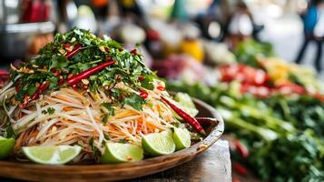 Close-up of a traditional Thai dish featuring vibrant green papaya salad on a wooden plate, surrounded by fresh herbs, chili, and lime wedges, with a blurred outdoor market in the background photo