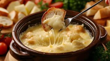 A cheese fondue pot with a fork pulling out a piece of bread, dripping with thick, stretchy cheese, with bread pieces and vegetables around the pot photo