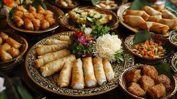 An elegant spread of Thai appetizers including spring rolls, fish cakes, and spicy salads, served on ornate ceramic plates with carved vegetables and artistic presentation photo