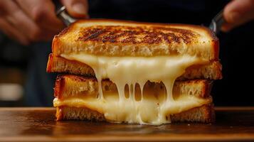 A grilled cheese sandwich being pulled apart, showing gooey, stretchy cheese connecting both halves, golden and crispy bread on the outside photo