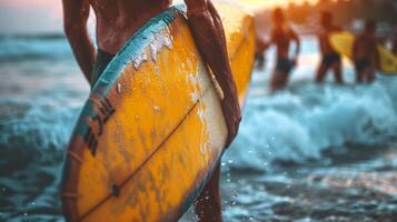 Surfboard, adorned with vibrant colors and designs, complements the surfer's dynamic presence photo