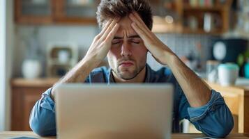 Young man is seen massaging his tired eyes, a common gesture after spending a long period of time working on a laptop computer photo