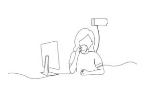 Female office worker drinking coffee with low battery energy charge indicator continuous line art drawing. vector