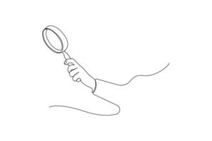 Continuous single-line art drawing of hand holding magnifying glass vector