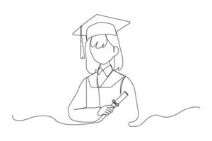 Girl wearing graduation hat and uniform continuous line art drawing. vector