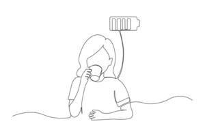 Female office worker drinking coffee with full battery energy charge indicator continuous line art drawing. vector