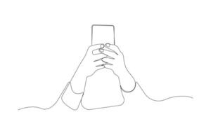 Continuous single-line art drawing of hands holding phone. vector