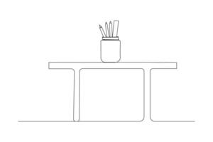 Pencil case with pencils and ruler on a table continuous line art drawing. vector