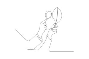 Continuous single-line art drawing of hands holding magnifying glass and leaf. vector
