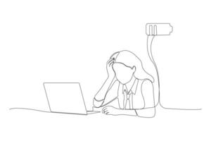 Tired female office worker low battery energy charge indicator continuous line art drawing. vector