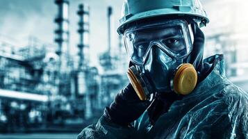 Industrial Worker in Protective Gear and Gas Mask photo