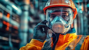 Industrial Worker Wearing Safety Gear and Respirator Mask photo