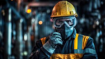 Industrial Worker in Safety Gear Hard Hat and Respirator photo