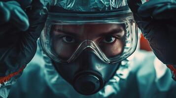 Close up of a Person Wearing a Gas Mask and Safety Glasses photo