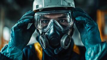 Closeup of Man in Protective Gear Wearing a Gas Mask photo