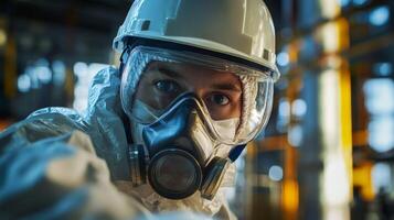 Industrial Worker in Hazmat Suit and Gas Mask photo