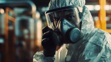 Close Up of Man in Hazmat Suit and Gas Mask photo