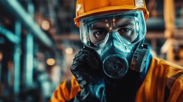 Industrial Worker in Respirator Mask and Hard Hat photo