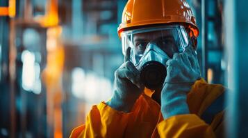 Industrial Worker Wearing Safety Gear and Respirator Mask photo