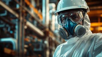Industrial Worker in Protective Gear with Gas Mask and Safety Glasses photo