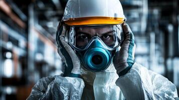Industrial Worker Wearing Protective Gear and Respirator Mask photo