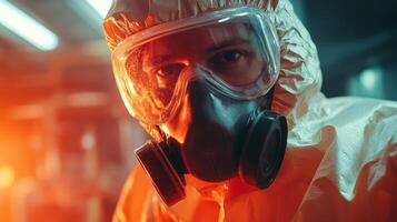 Man in Protective Gear with Gas Mask and Goggles in Red and Blue Light photo