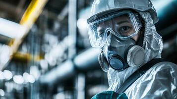 Industrial Worker Wearing Safety Gear and Gas Mask photo