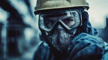 Close up of Man Wearing Protective Gear and Gas Mask photo