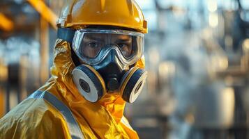 Industrial Worker in Hazmat Suit and Gas Mask photo