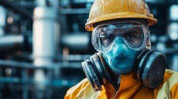 Industrial Worker in Safety Gear and Respirator Mask photo
