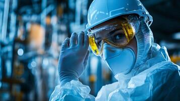 Industrial Worker in Protective Gear Adjusting Safety Glasses photo