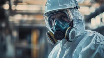 Worker Wearing Hazmat Suit and Gas Mask in Industrial Setting photo