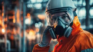 Industrial Worker in Protective Gear and Gas Mask photo