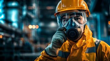Industrial Worker Wearing Respirator and Hard Hat photo