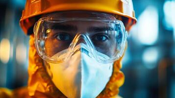 Close up Portrait of Construction Worker Wearing Safety Glasses and Mask photo