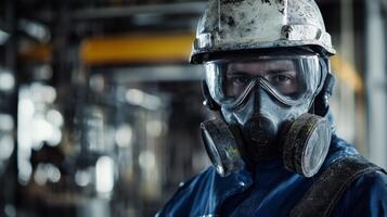 Industrial Worker Wearing Respirator Mask and Hard Hat photo