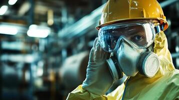 Industrial Worker in Protective Gear and Respirator Mask photo