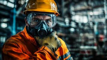 Industrial Worker Wearing Safety Gear and Respirator Mask photo