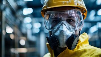 Industrial Worker Wearing Respirator and Safety Glasses photo